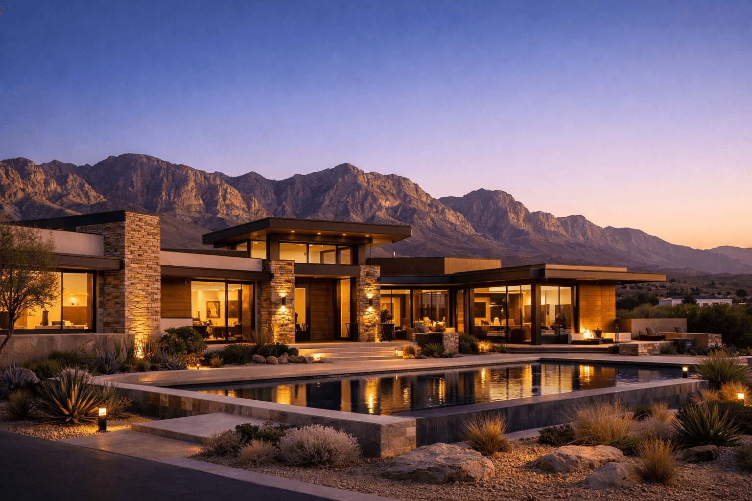 A modern desert residence at dusk in Southern Nevada
