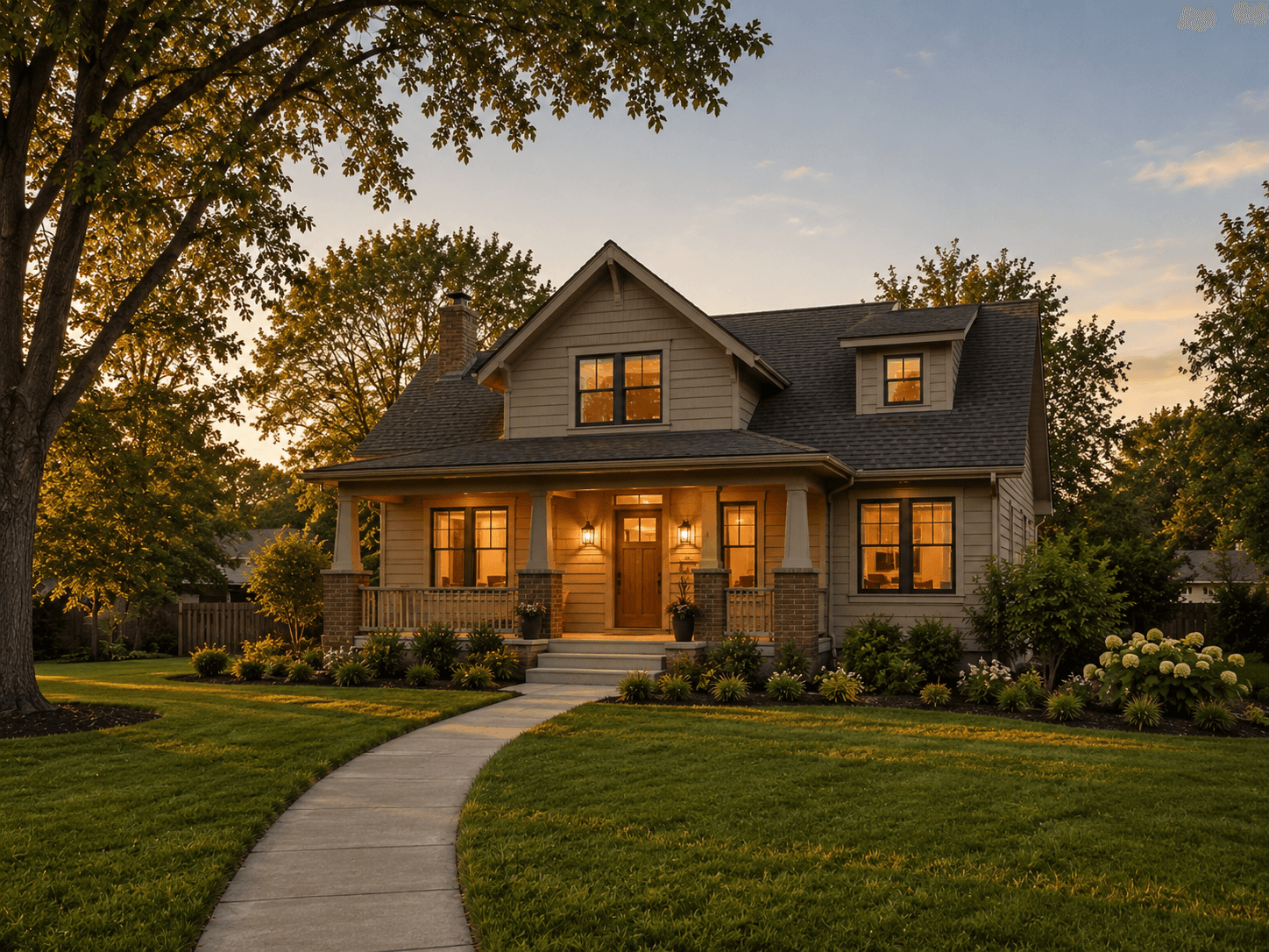 A Craftsman-style home at dusk in the Midwest